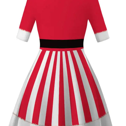 Women's Neck Waist Printed Mid Sleeve Christmas Dress