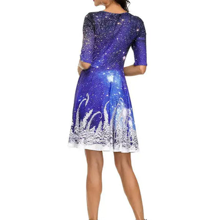 Women's Neck Waist Printed Mid Sleeve Christmas Dress