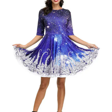 Women's Neck Waist Printed Mid Sleeve Christmas Dress