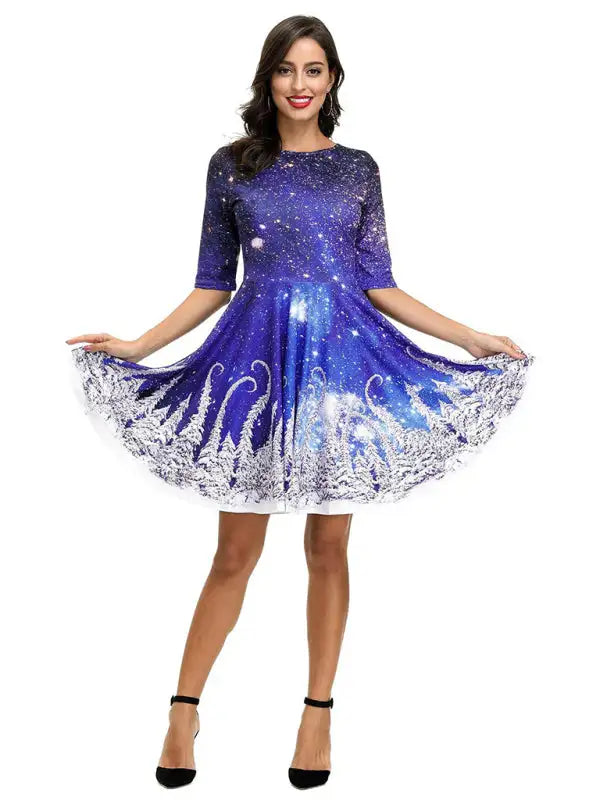 Women's Neck Waist Printed Mid Sleeve Christmas Dress