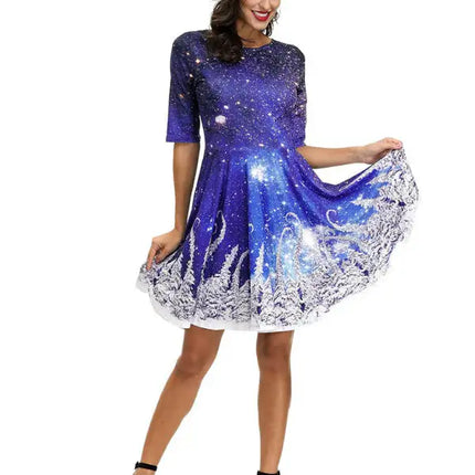 Women's Neck Waist Printed Mid Sleeve Christmas Dress