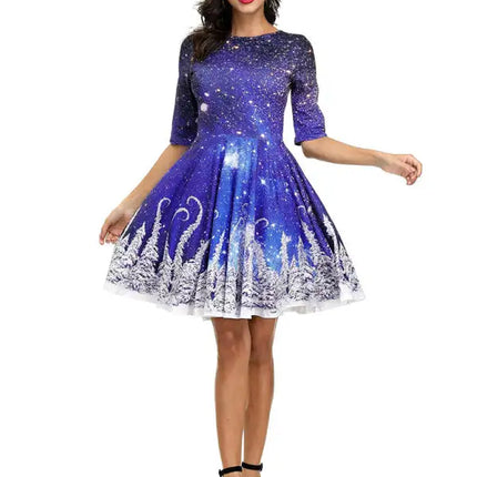 Women's Neck Waist Printed Mid Sleeve Christmas Dress