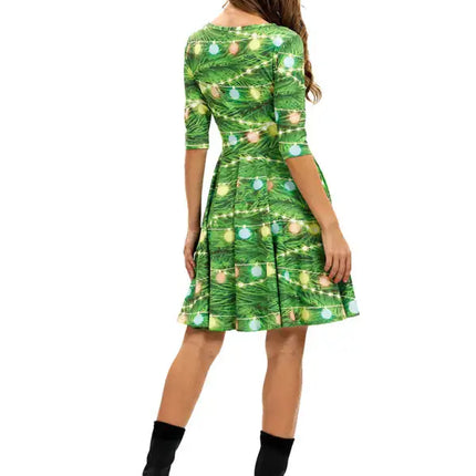 Women's Neck Waist Printed Mid Sleeve Christmas Dress