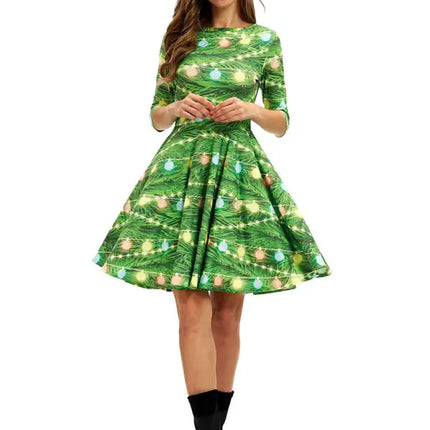Women's Neck Waist Printed Mid Sleeve Christmas Dress