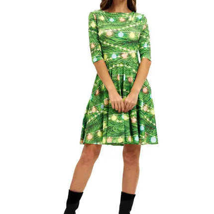 Women's Neck Waist Printed Mid Sleeve Christmas Dress
