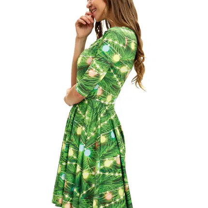 Women's Neck Waist Printed Mid Sleeve Christmas Dress