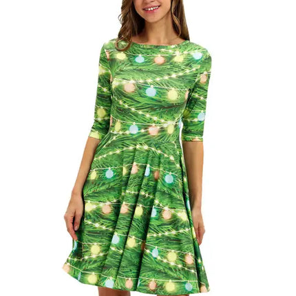 Women's Neck Waist Printed Mid Sleeve Christmas Dress