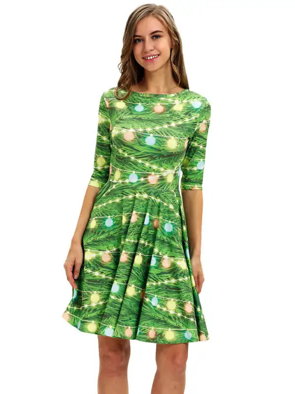 Women's Neck Waist Printed Mid Sleeve Christmas Dress