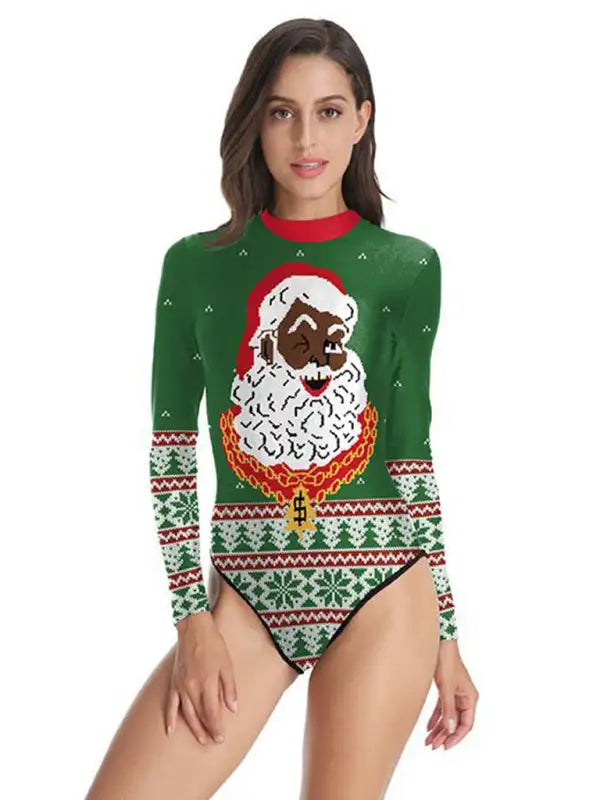 Traje de baño ajustado navideño para mujer, traje de baño de una pieza con estampado de cremallera para mujer 