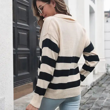 Suéter de manga caída con rayas en V profundo y solapa para mujer 