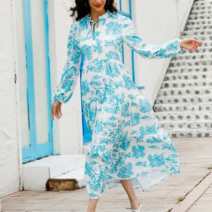 Women’s Printed Long Sleeve Ruffled Maxi Dress