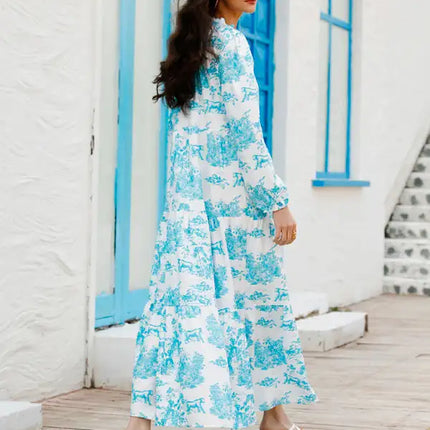 Women’s Printed Long Sleeve Ruffled Maxi Dress