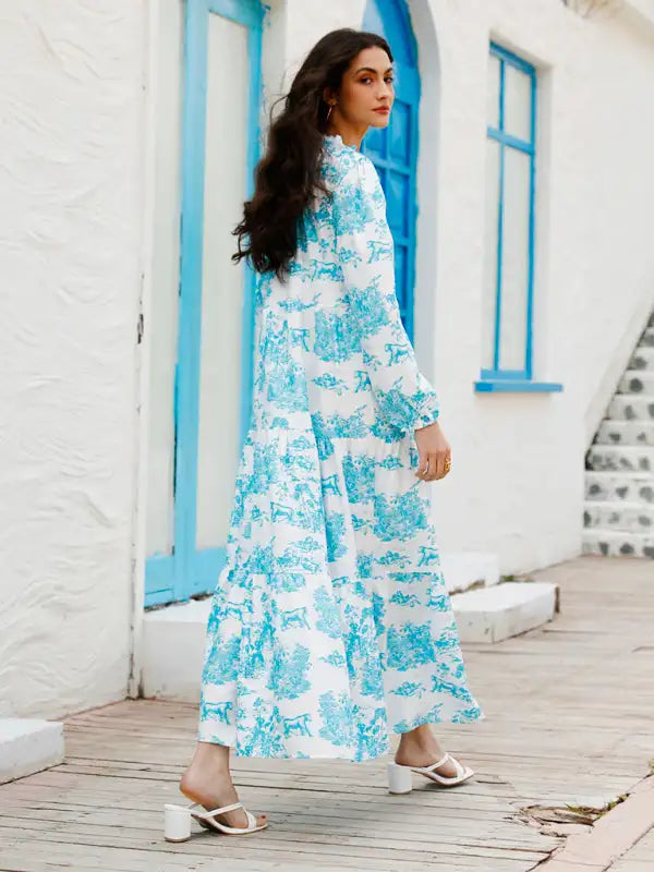 Women’s Printed Long Sleeve Ruffled Maxi Dress