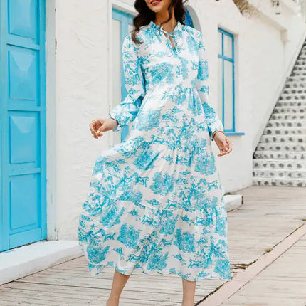 Women’s Printed Long Sleeve Ruffled Maxi Dress