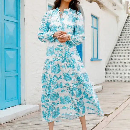 Women’s Printed Long Sleeve Ruffled Maxi Dress