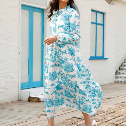 Women’s Printed Long Sleeve Ruffled Maxi Dress