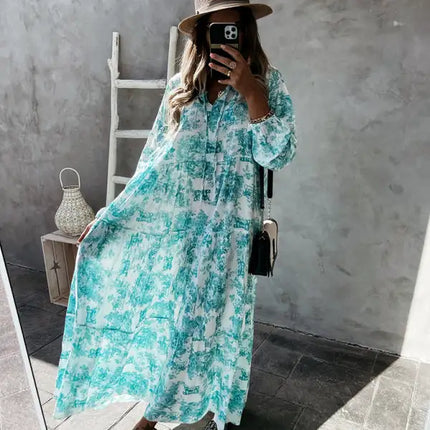 Women’s Printed Long Sleeve Ruffled Maxi Dress