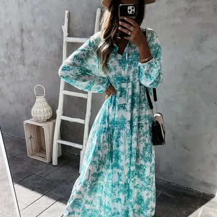 Women’s Printed Long Sleeve Ruffled Maxi Dress