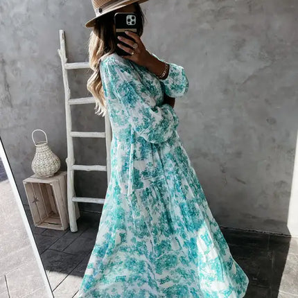 Women’s Printed Long Sleeve Ruffled Maxi Dress