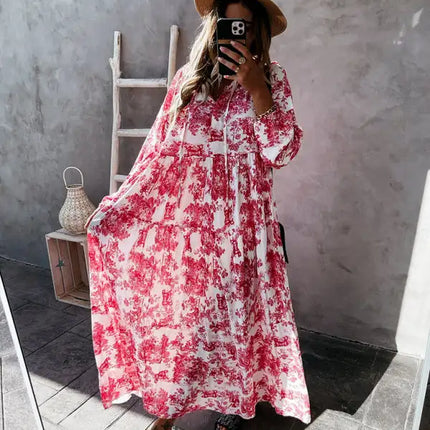 Women’s Printed Long Sleeve Ruffled Maxi Dress