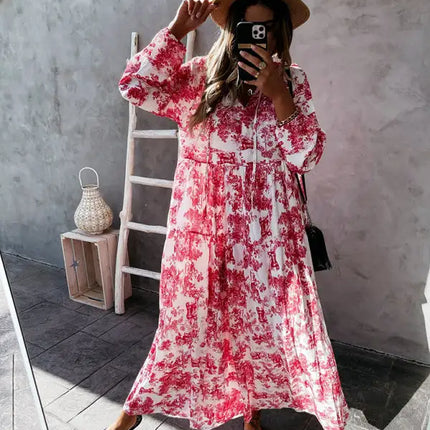 Women’s Printed Long Sleeve Ruffled Maxi Dress