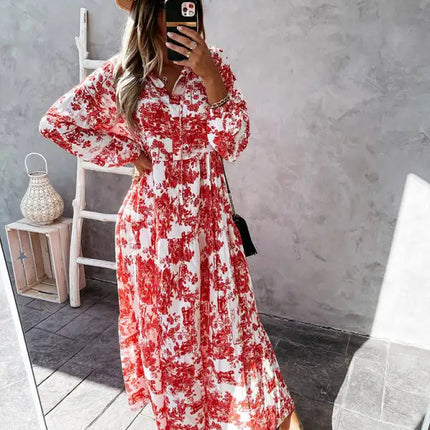Women’s Printed Long Sleeve Ruffled Maxi Dress