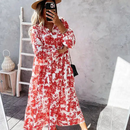 Women’s Printed Long Sleeve Ruffled Maxi Dress