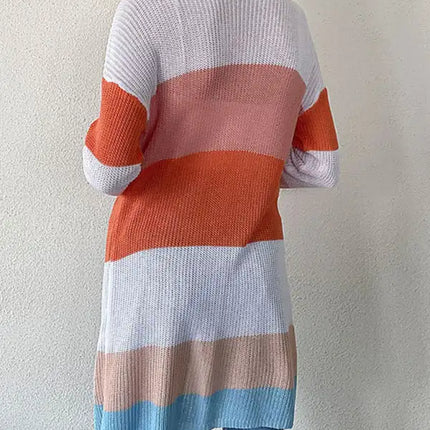 Cárdigan ligero de canalé a rayas con bolsillos delanteros y mangas largas para mujer 