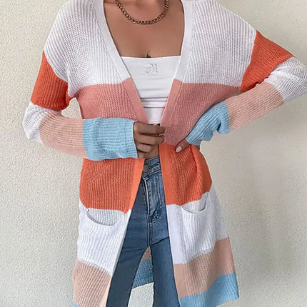 Cárdigan ligero de canalé a rayas con bolsillos delanteros y mangas largas para mujer 