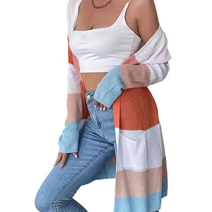 Cárdigan ligero de canalé a rayas con bolsillos delanteros y mangas largas para mujer 