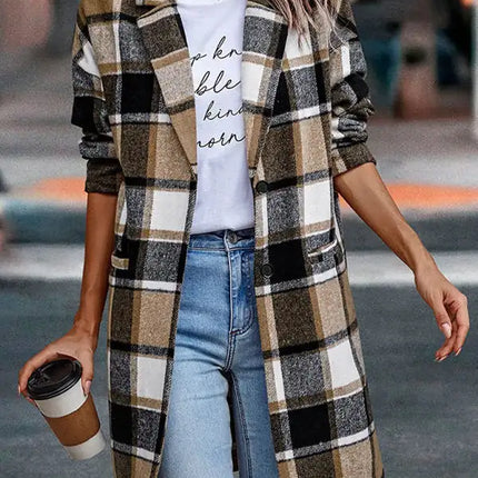 Abrigo tipo blazer largo con detalle de estampado a cuadros y manga larga con botones delanteros para mujer 