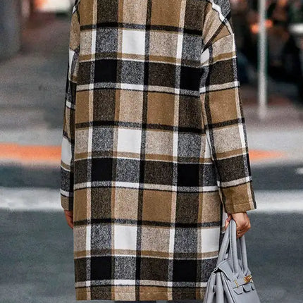 Abrigo tipo blazer largo con detalle de estampado a cuadros y manga larga con botones delanteros para mujer 