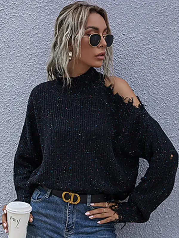 Suéter súper chic con cuello simulado y mangas largas con abertura en los hombros para mujer 