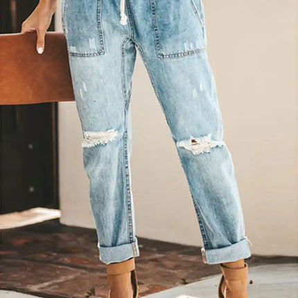 Cargos de mezclilla con cintura ceñida para mujer con tobillos con puños y rodillas rasgadas 
