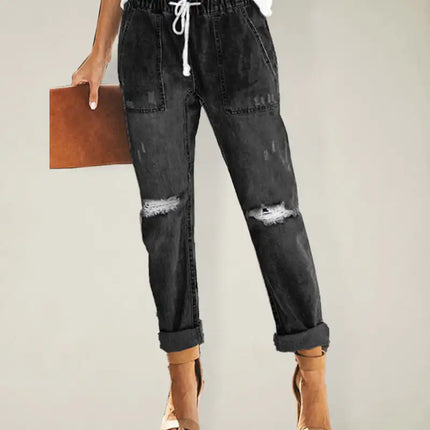 Cargos de mezclilla con cintura ceñida para mujer con tobillos con puños y rodillas rasgadas 