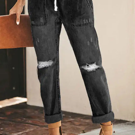 Cargos de mezclilla con cintura ceñida para mujer con tobillos con puños y rodillas rasgadas 