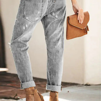 Cargos de mezclilla con cintura ceñida para mujer con tobillos con puños y rodillas rasgadas 