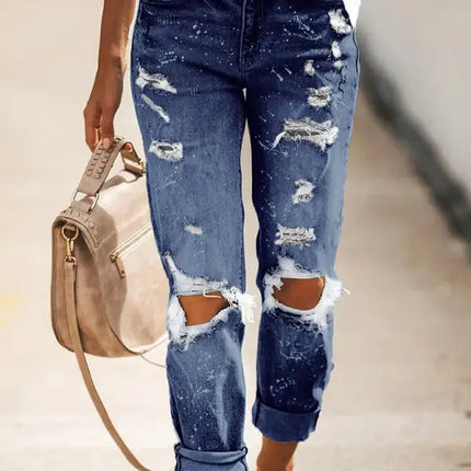 Vaqueros de mezclilla con puños y pierna recta rasgados estilo cinco bolsillos para mujer 