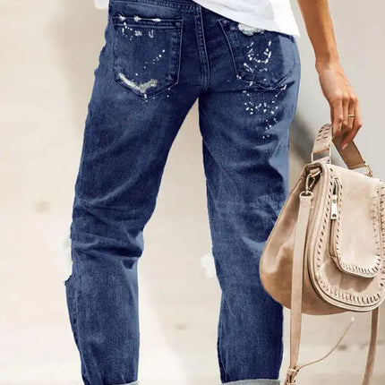 Vaqueros de mezclilla con puños y pierna recta rasgados estilo cinco bolsillos para mujer 