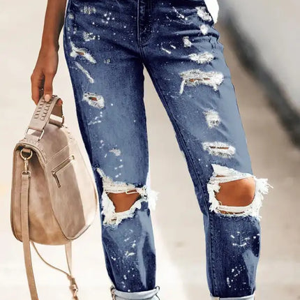 Vaqueros de mezclilla con puños y pierna recta rasgados estilo cinco bolsillos para mujer 