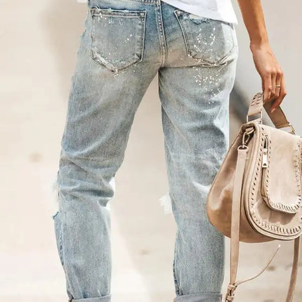 Vaqueros de mezclilla con puños y pierna recta rasgados estilo cinco bolsillos para mujer 