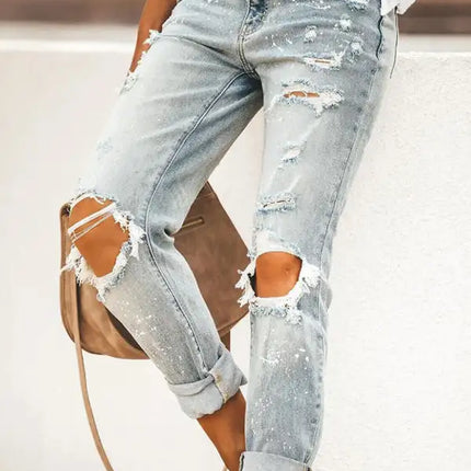 Vaqueros de mezclilla con puños y pierna recta rasgados estilo cinco bolsillos para mujer 