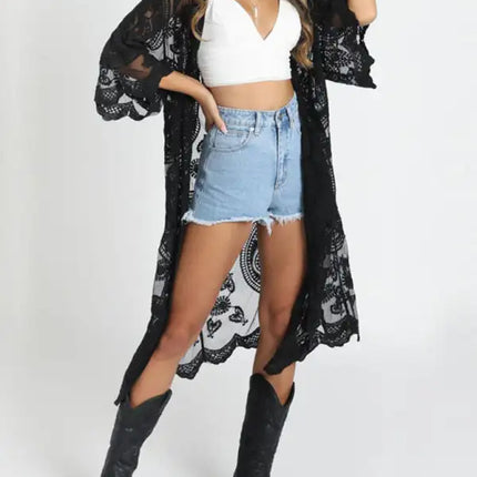 Embroidered lace bikini and mesh cardigan beach cover-up