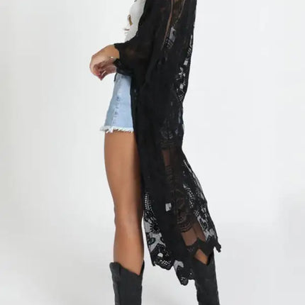 Embroidered lace bikini and mesh cardigan beach cover-up