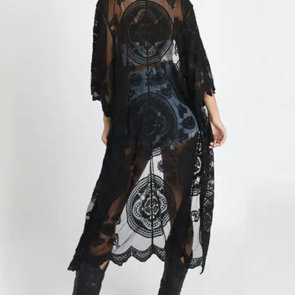 Embroidered lace bikini and mesh cardigan beach cover-up