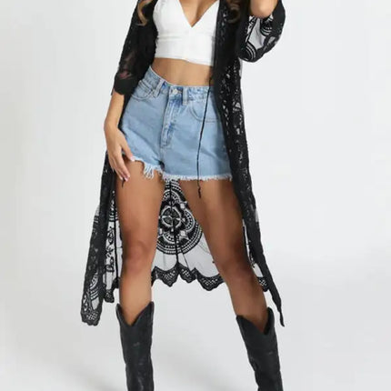 Embroidered lace bikini and mesh cardigan beach cover-up