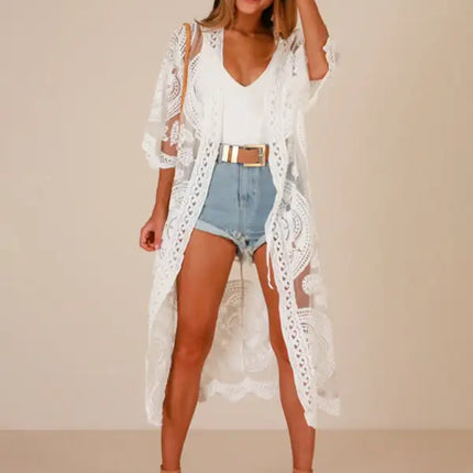 Embroidered lace bikini and mesh cardigan beach cover-up