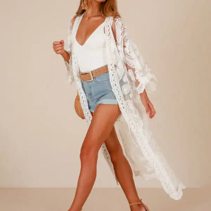 Embroidered lace bikini and mesh cardigan beach cover-up