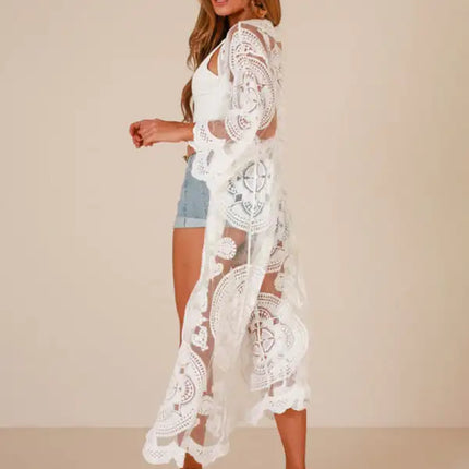 Embroidered lace bikini and mesh cardigan beach cover-up