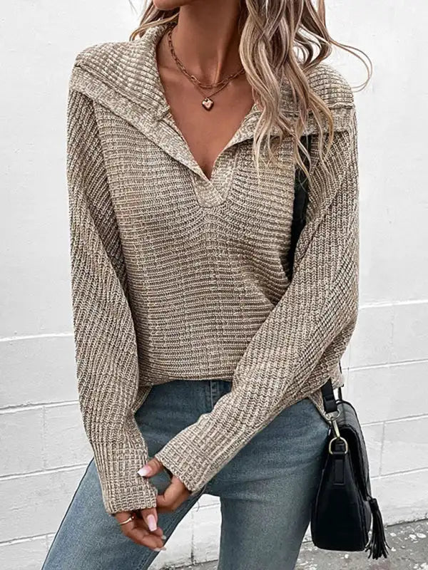 Nuevo suéter con solapa de manga larga de color sólido para mujer 